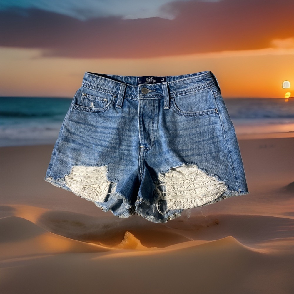 Hollister High Rise Mom Jean Shorts Womens Sz 1 W25 Blue Distressed Button Fly
